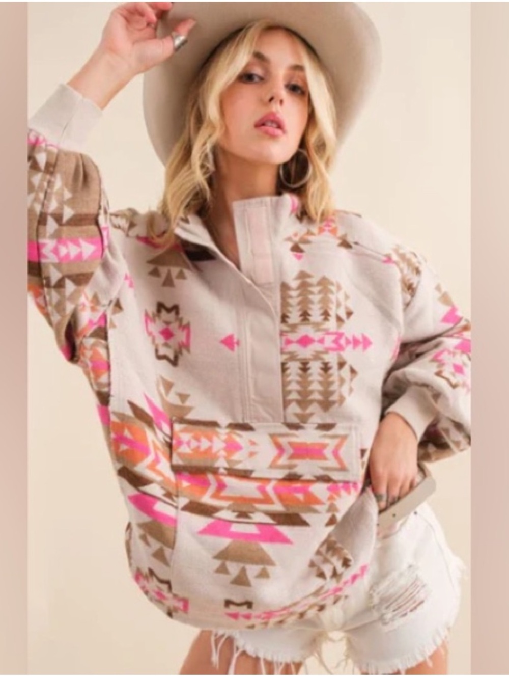 Neutral Aztec Pullover Hoodie with Pink Accents - Women